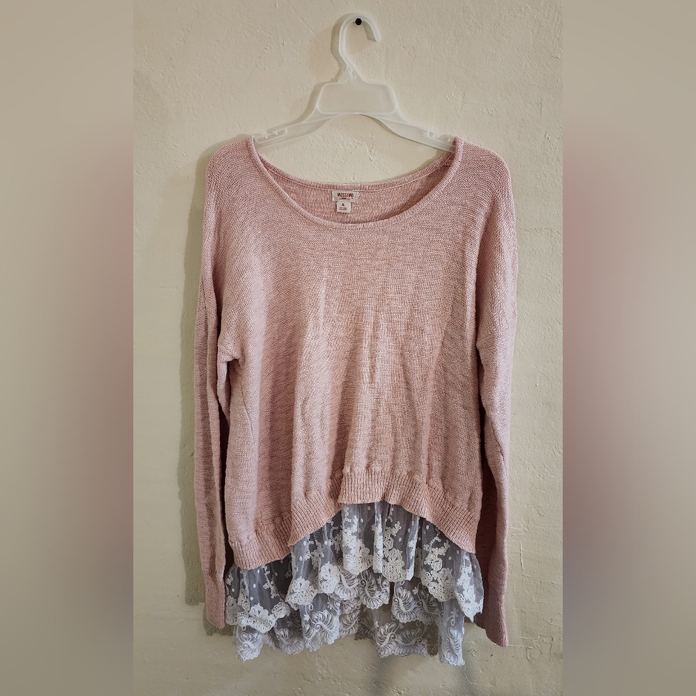 Pink Knit Sweater with Lace Hem Size XL
